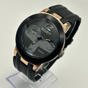 Edforce Men’s Quartz Watch with Rose-gold Accents Black Rubber Strap New Battery